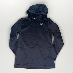 GYMSHARK Hooded Fleece Lined Pullover Sweatshirt Front Pockets Solid Black Sz: M